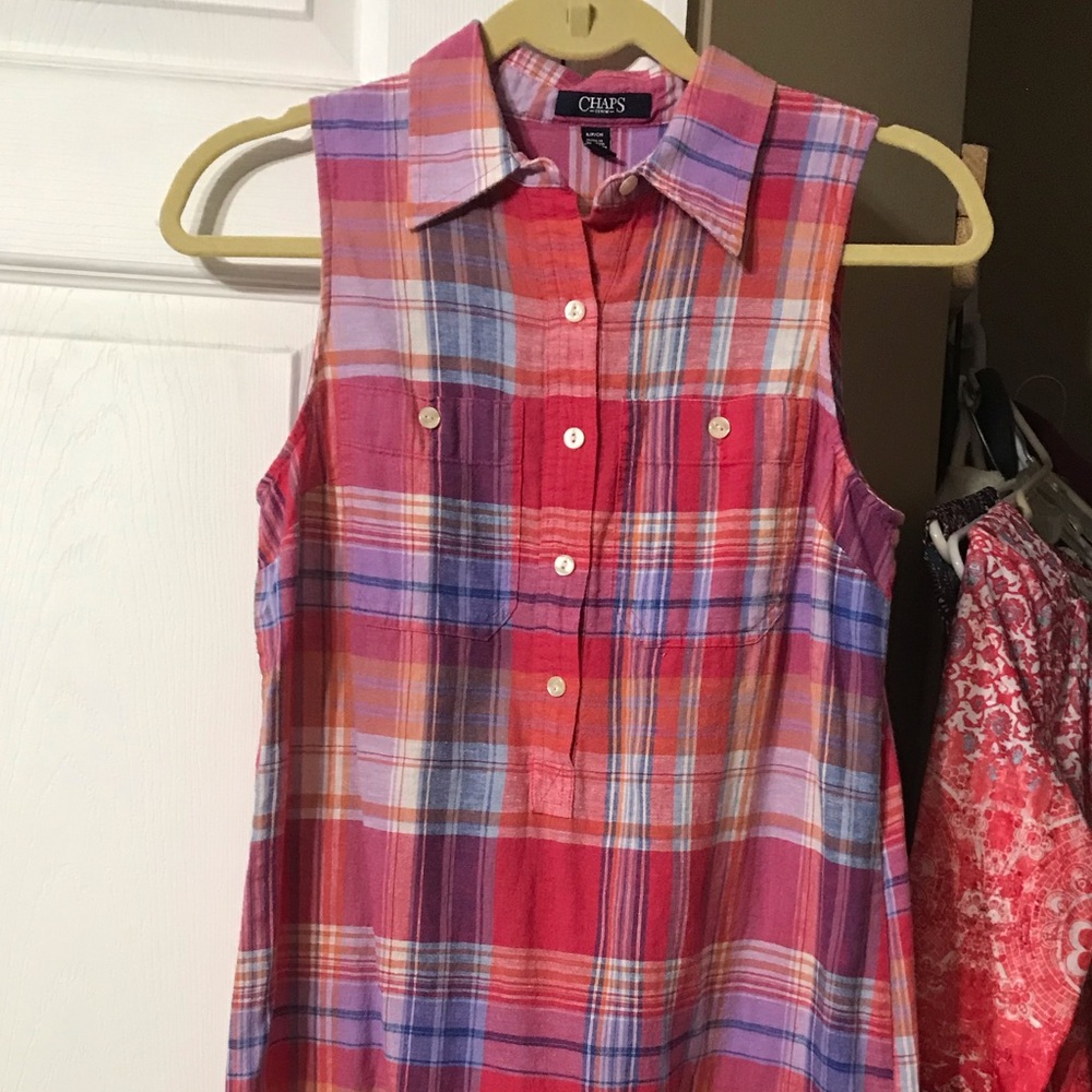Chaps sleeveless plaid shirt dress petite small